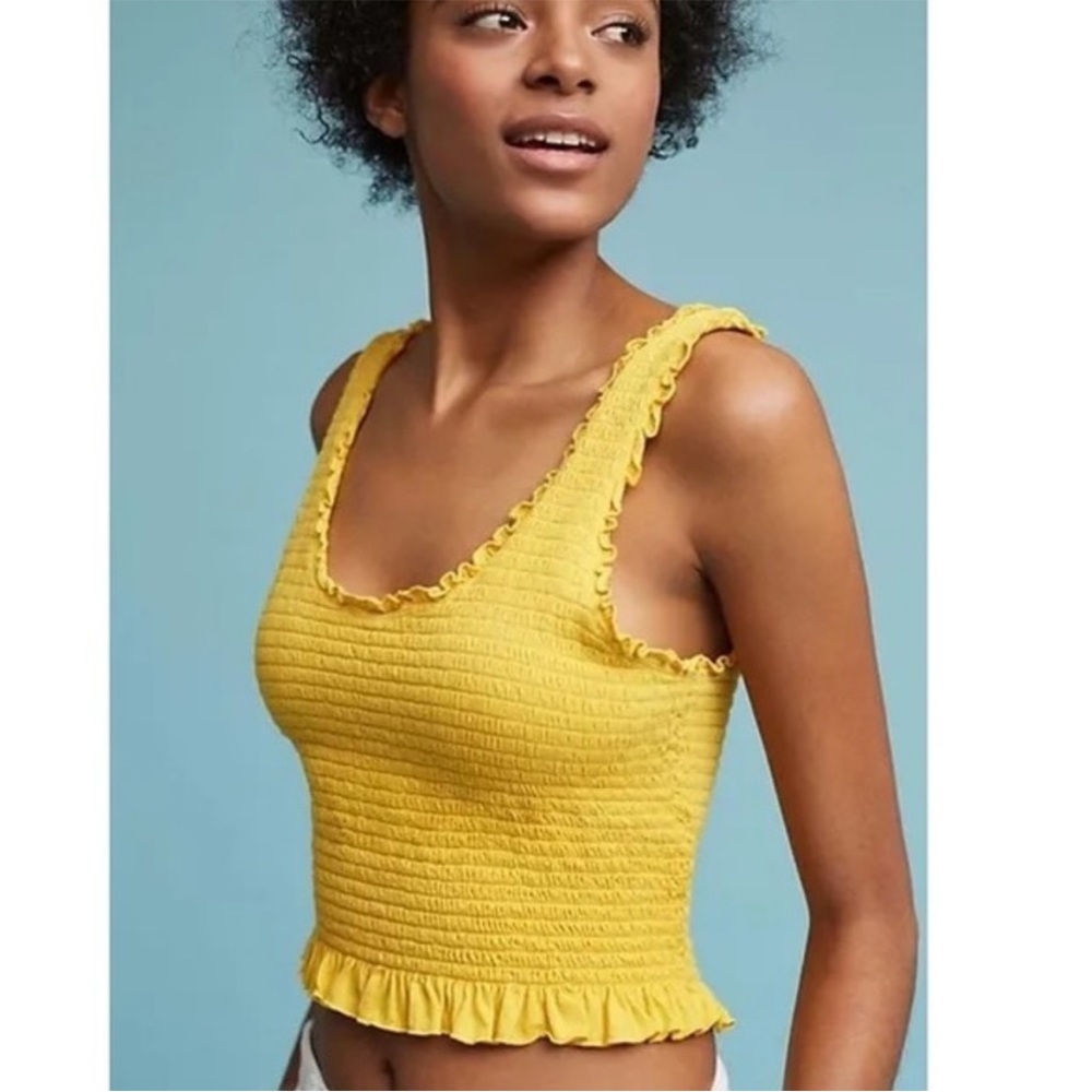 Anthropologie Floreat Ruffled Smocked Cropped Tank Top in Yellow